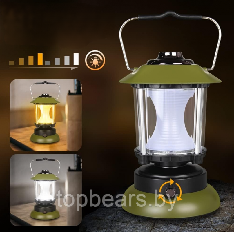 Кемпинговая лампа в стиле ретро Camping lantern 6602 с регулируемой яркостью (USB или батарейки, 3 режима - фото 5 - id-p215284307