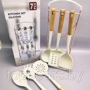 Набор кухонных силиконовых принадлежностей Kitchen set silicone 7 предметов на подставке / Светлое дерево