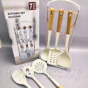 Набор кухонных силиконовых принадлежностей Kitchen set silicone 7 предметов на подставке / Светлое дерево - фото 1 - id-p215527385