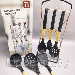 Набор кухонных силиконовых принадлежностей Kitchen set silicone 7 предметов на подставке / Черное дерево - фото 1 - id-p213474972