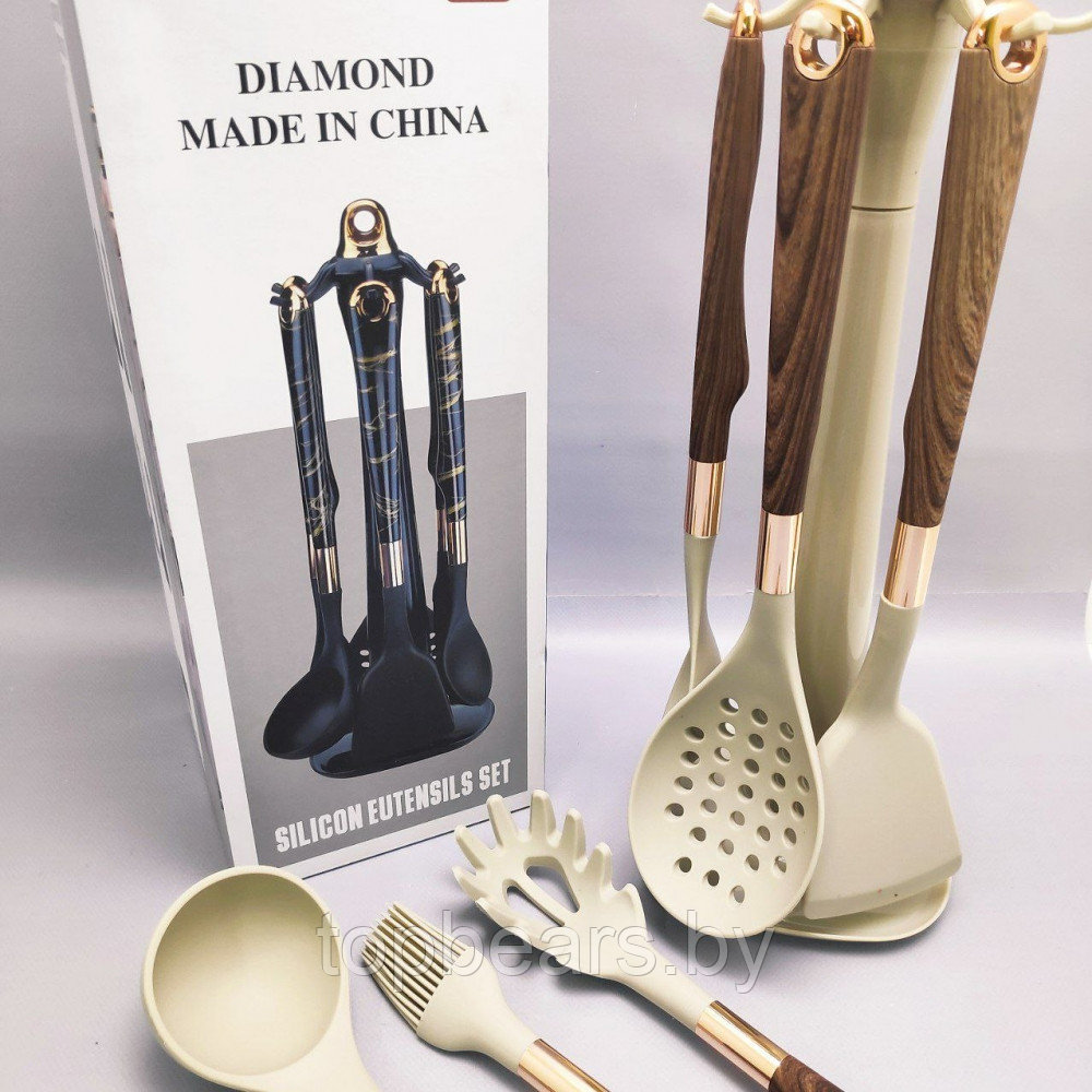 Набор кухонных силиконовых принадлежностей Diamond 7 предметов на подставке по кругу Черный мрамор - фото 7 - id-p215527387