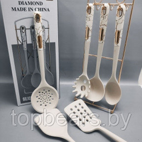 Набор кухонных силиконовых принадлежностей Diamond 7 предметов на подставке Белый мрамор - фото 1 - id-p215527391