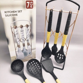 Набор кухонных силиконовых принадлежностей Kitchen set silicone 7 предметов на подставке / Черное дерево - фото 1 - id-p216373007