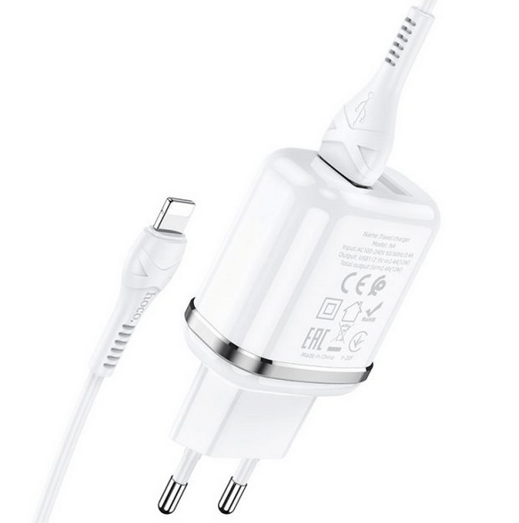 Сетевое зарядное устройство Hoco N4 2 USB с кабелем Lightning (белый) - фото 1 - id-p216581900