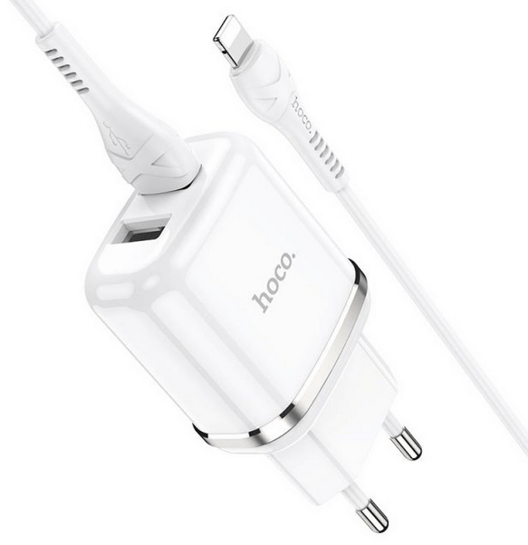 Сетевое зарядное устройство Hoco N4 2 USB с кабелем Lightning (белый) - фото 2 - id-p216581900