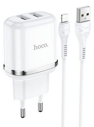Сетевое зарядное устройство Hoco N4 2 USB с кабелем Lightning (белый) - фото 3 - id-p216581900