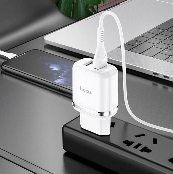 Сетевое зарядное устройство Hoco N4 2 USB с кабелем Lightning (белый) - фото 4 - id-p216581900