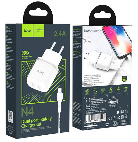 Сетевое зарядное устройство Hoco N4 2 USB с кабелем Lightning (белый) - фото 5 - id-p216581900