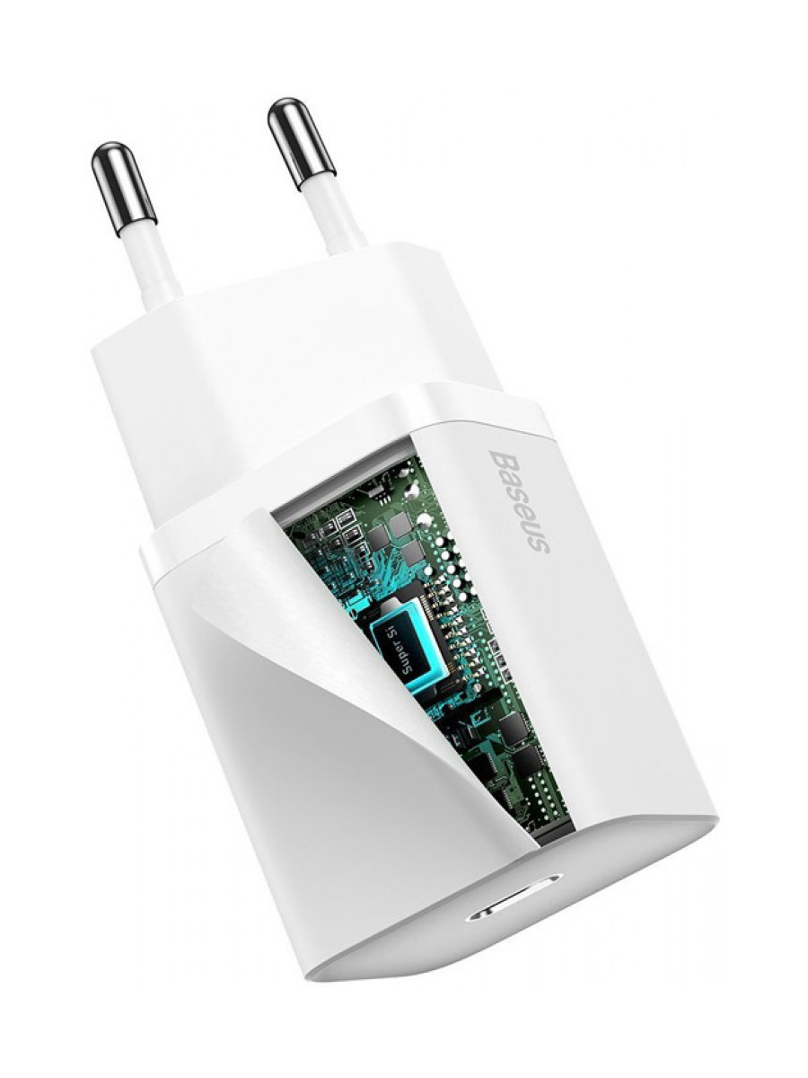 Сетевое зарядное устройство Baseus Super Si Quick Charger 1C 20W EU Sets с кабелем Type-C - Lightning (белый) - фото 6 - id-p216582229