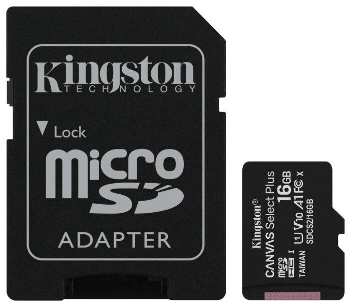 Карта памяти MicroSD 16GB Kingston Class 10 Canvas Select Plus A1 (100 Mb/s) + SD адаптер - фото 1 - id-p216580308