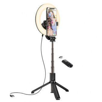 Селфи лампа Hoco LV03 на триподе с пультом Bluetooth, диаметр 16 см (черный) - фото 1 - id-p216582352