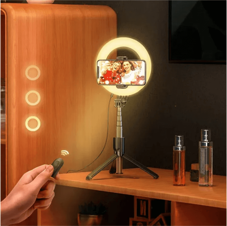 Селфи лампа Hoco LV03 на триподе с пультом Bluetooth, диаметр 16 см (черный) - фото 5 - id-p216582352