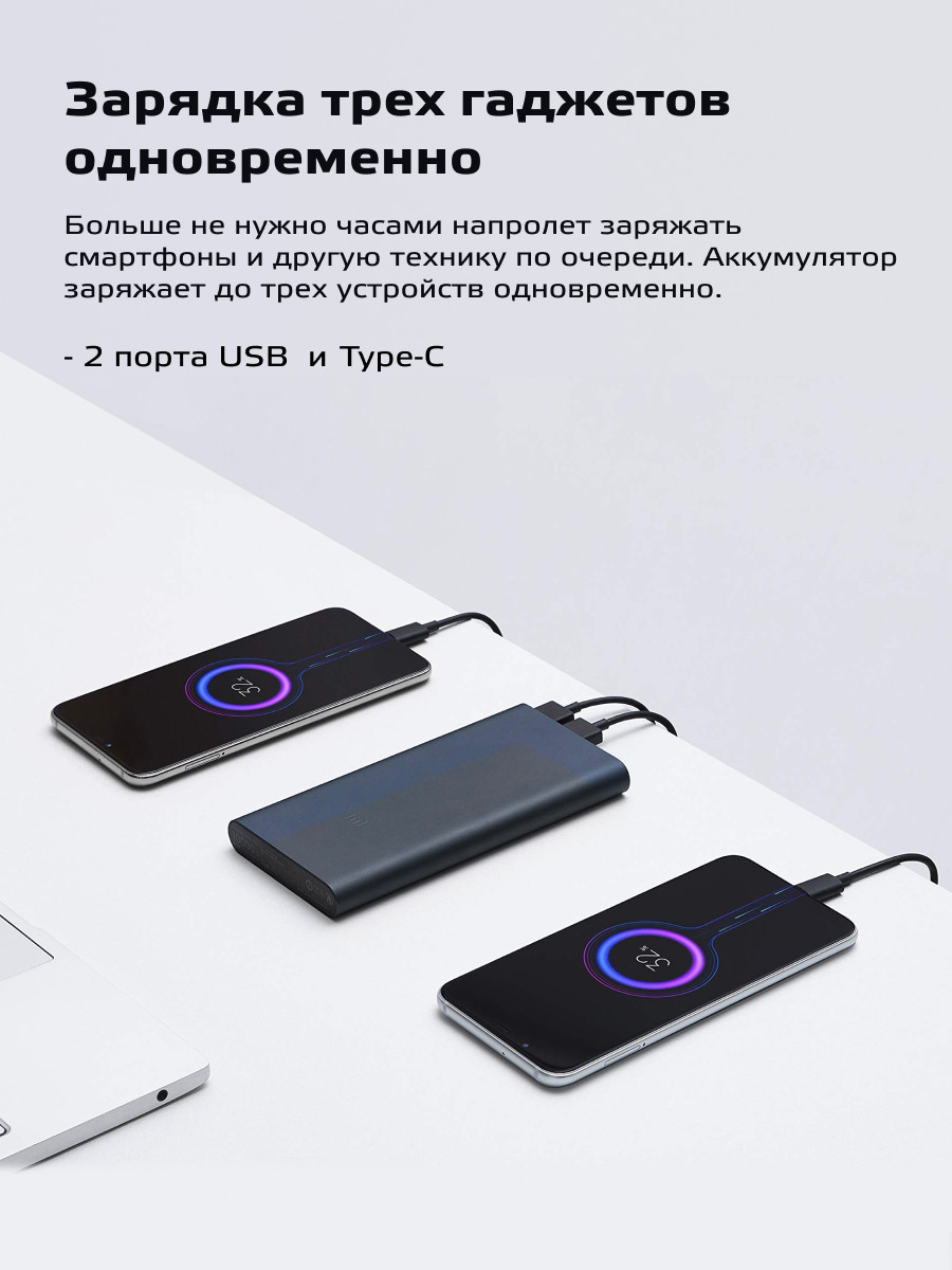 Портативное зарядное устройство Xiaomi Mi Power Bank 3 10000 mAh 22.5W (черный) - фото 2 - id-p216583375