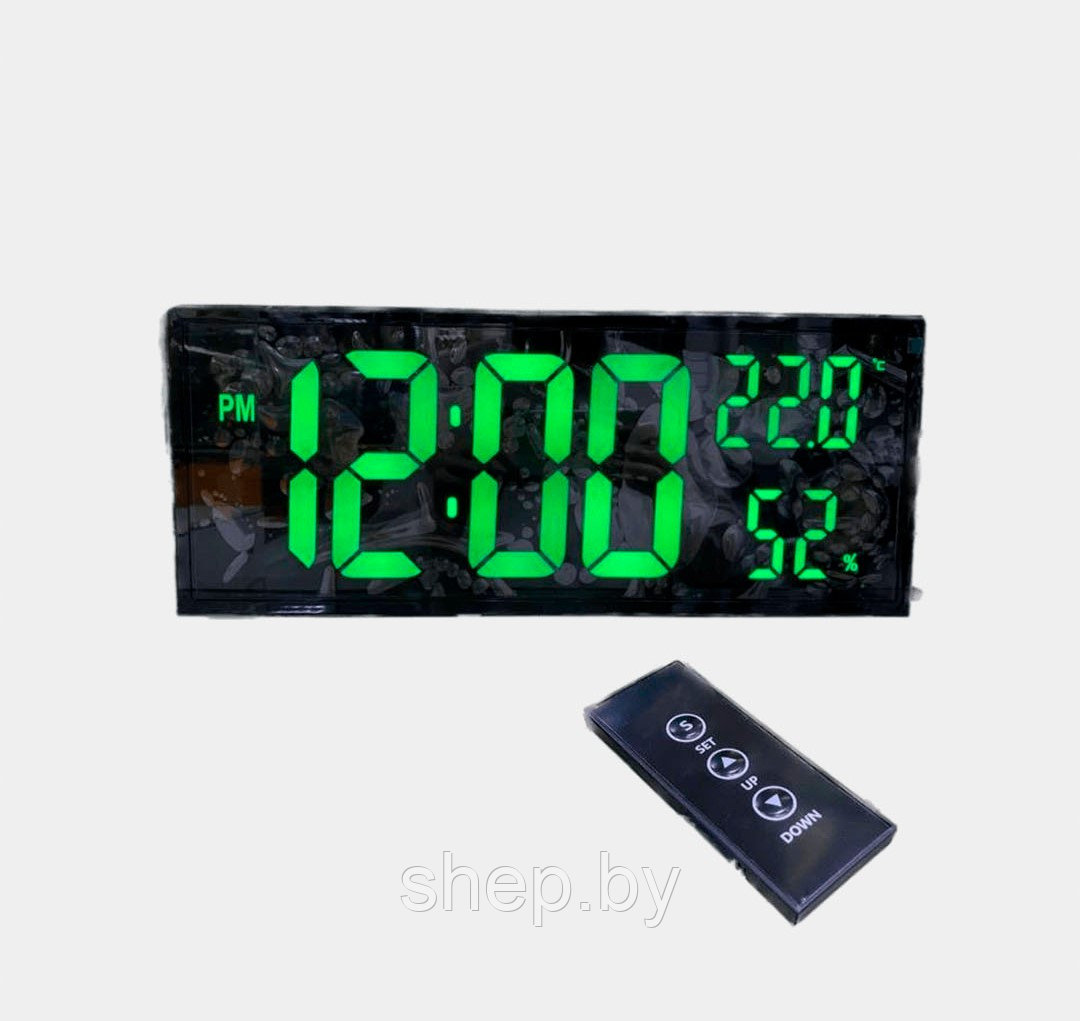Часы электронные с крупными цифрами,термометром и гигрометром DS-3810L с пультом ДУ Подсветка : зеленая - фото 1 - id-p216609686
