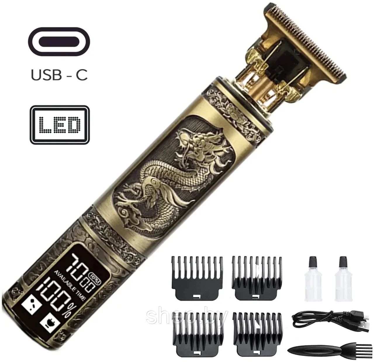 Триммер дракон для бороды и усов с LED-дисплеем LFQ-666-37, золотой (металлическая ручка)