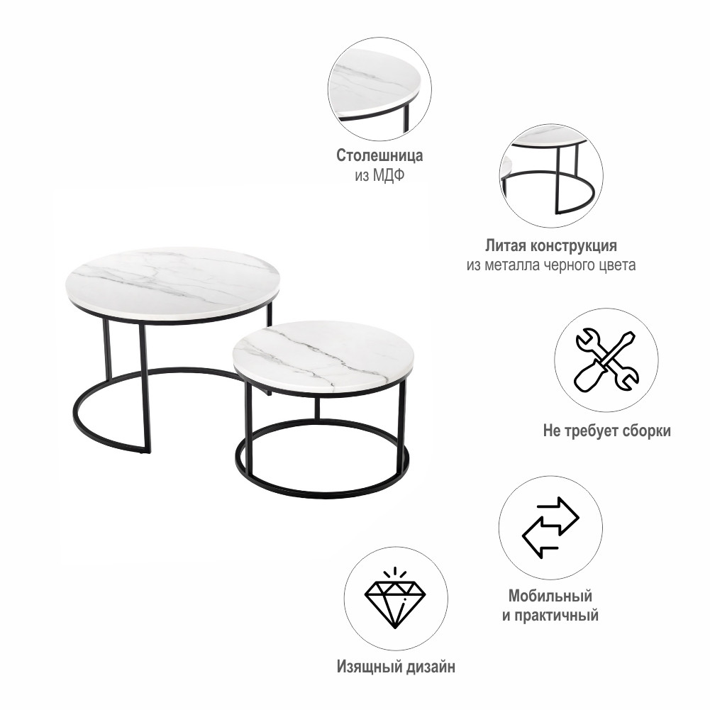 Набор кофейных столиков Tango белый мрамор с чёрными ножками, 2шт - фото 8 - id-p188672682
