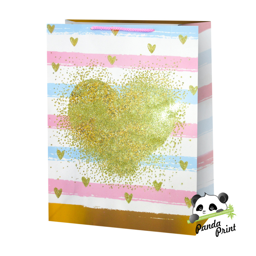 Пакет подарочный 26х10х32 см, Ванильное сердце, дизайн №1, с блестками (арт.502745/502748)