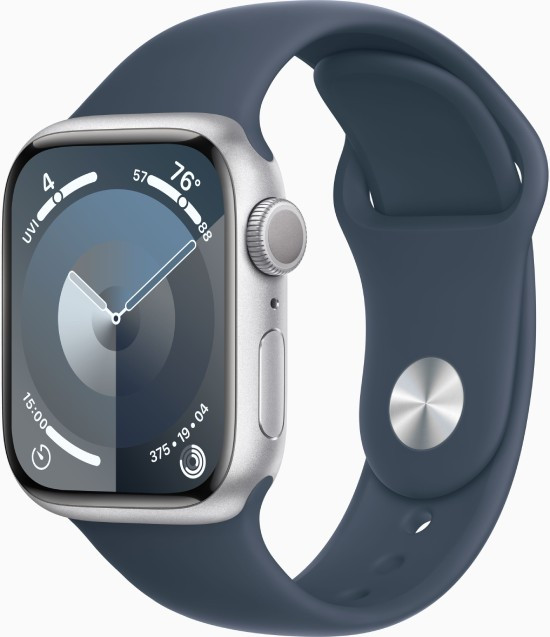 Apple Apple Watch Series 9 GPS 45mm Silver Aluminum Case with Storm Blue Sport Band (MR9E3) - фото 1 - id-p216637062