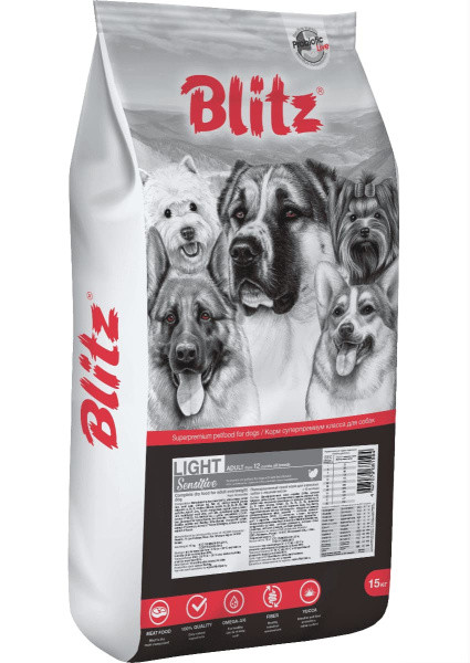 Сухой корм для собак Blitz Sensitive Light Adult Dog All Breeds 15 кг - фото 1 - id-p216637671