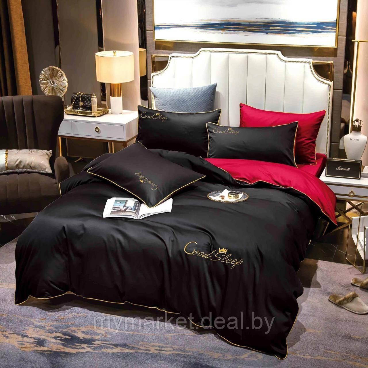 Комплект постельного белья 2-x спальный MENCY ЖАТКА Черный красный / простыня на резинке - фото 1 - id-p216644400