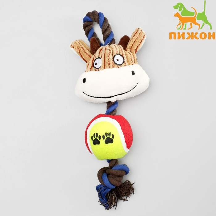 Игрушка для собак 3-в-1 "Корова": канатная, мягкая с пищалкой, войлочный мяч, 30 см - фото 1 - id-p216660145