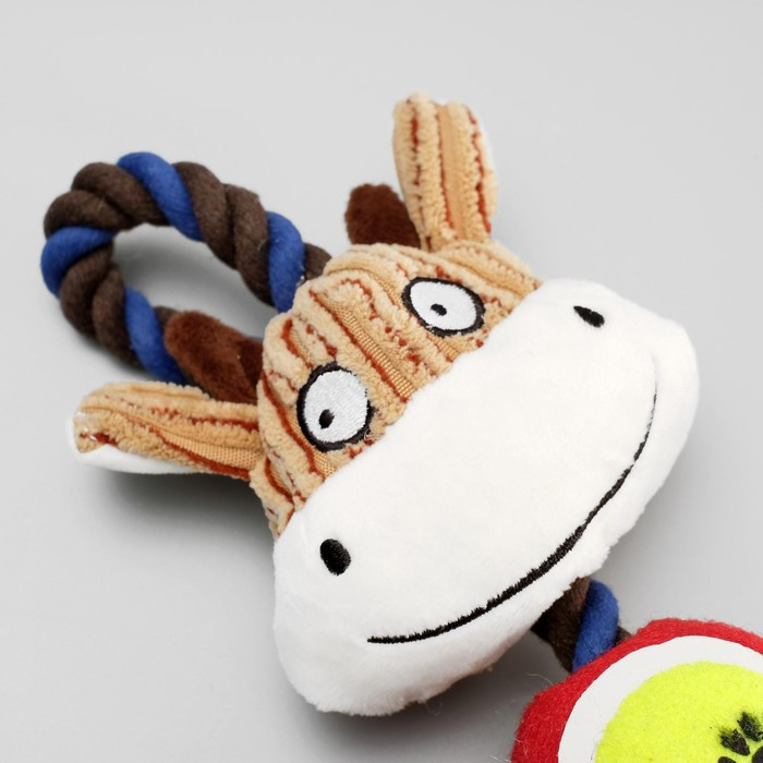 Игрушка для собак 3-в-1 "Корова": канатная, мягкая с пищалкой, войлочный мяч, 30 см - фото 3 - id-p216660145