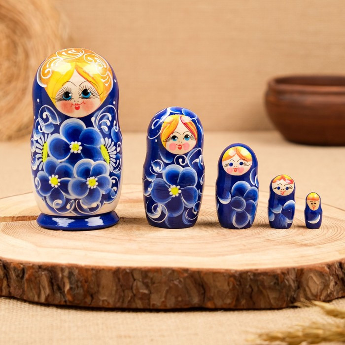 Матрёшка 5-ти кукольная "Нина" синяя , 13см, ручная роспись. - фото 1 - id-p199332268