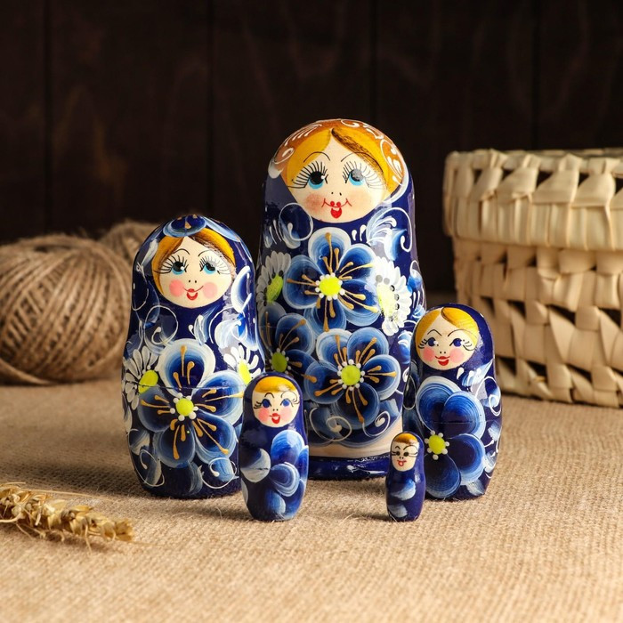 Матрёшка 5-ти кукольная "Нина" синяя , 13см, ручная роспись. - фото 5 - id-p199332268