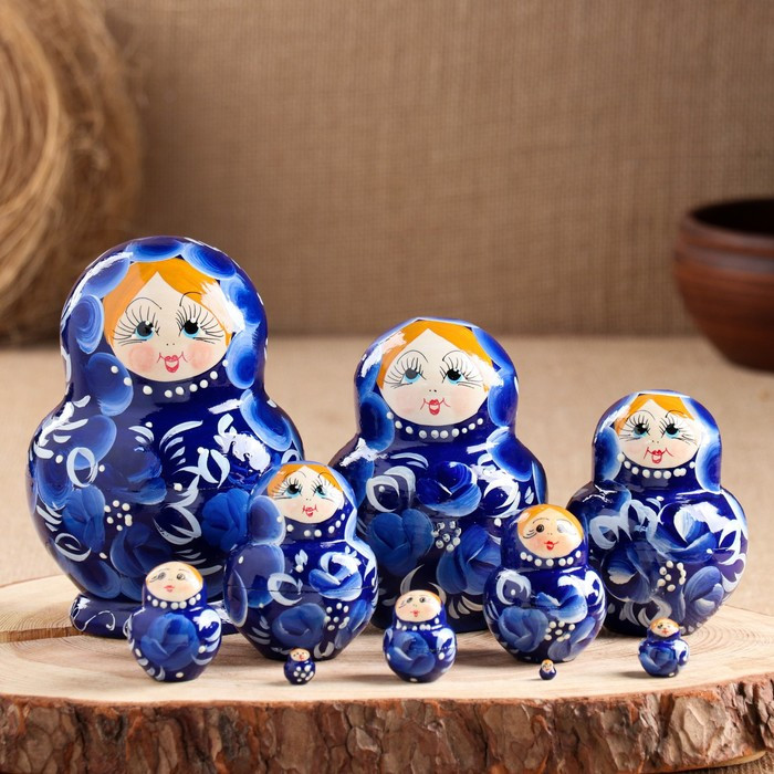 Матрёшка «Гжель», синее платье, 10 кукольная, 13 см,ручная роспись - фото 1 - id-p199389028