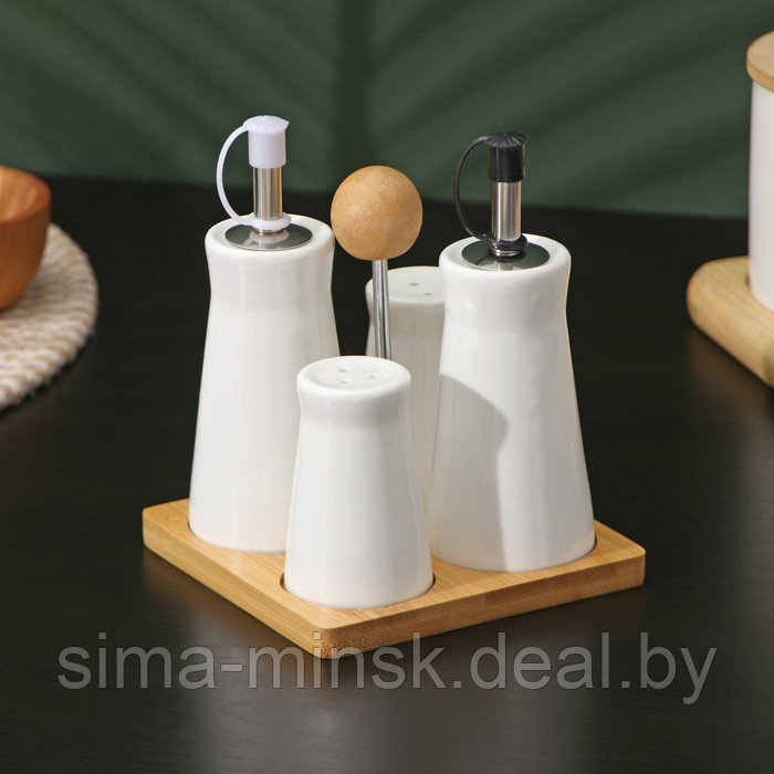 Набор фарфоровый для специй на деревянной подставке, 4 предмета: солонка, перечница, 2 соусника, цвет белый - фото 2 - id-p208933513