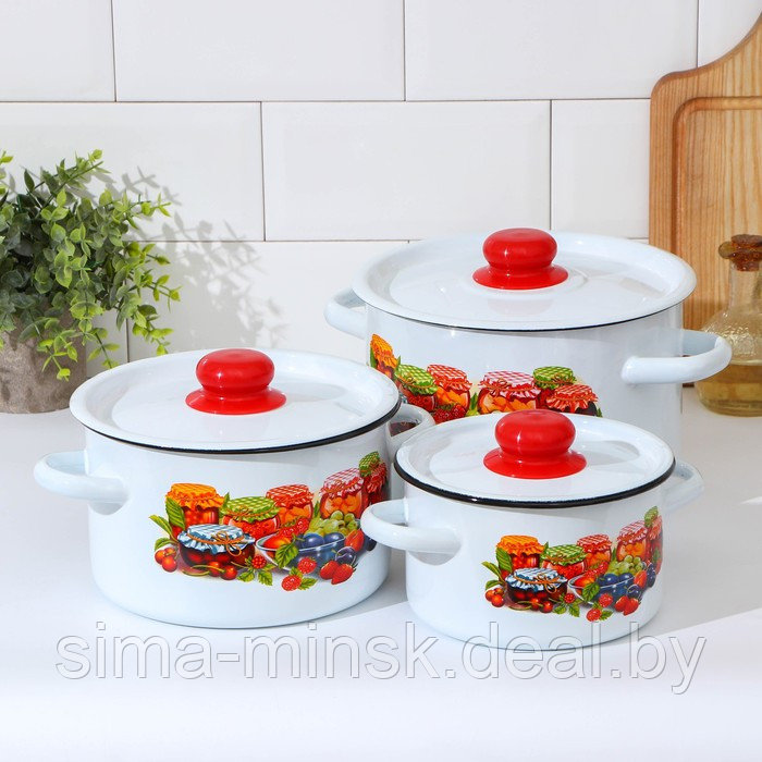 Набор посуды «Варенье», 3 предмета: 1,5 л, 2,9 л,4,5 л, индукция, цвет белый - фото 1 - id-p216678415