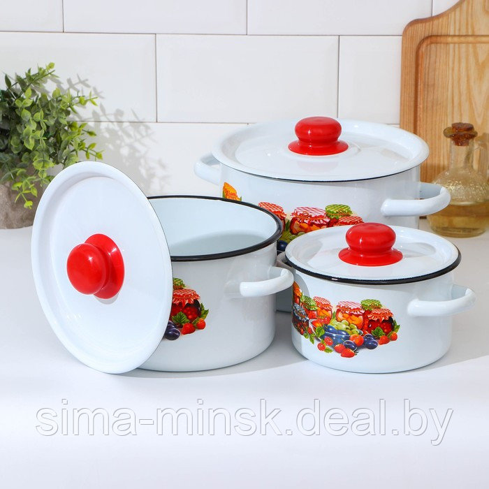 Набор посуды «Варенье», 3 предмета: 1,5 л, 2,9 л,4,5 л, индукция, цвет белый - фото 2 - id-p216678415