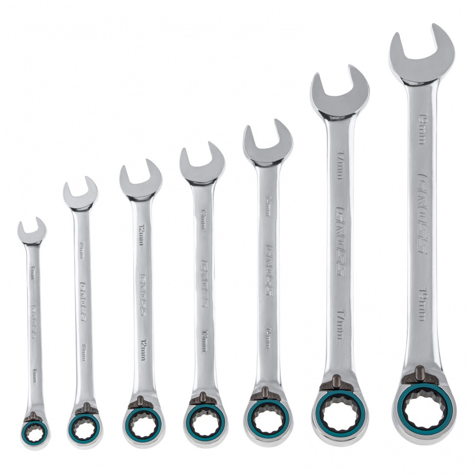 Набор ключей комбинированных с трещоткой, 8-19 мм, 7 шт, реверсивные, CrV Gross - фото 1 - id-p216677639