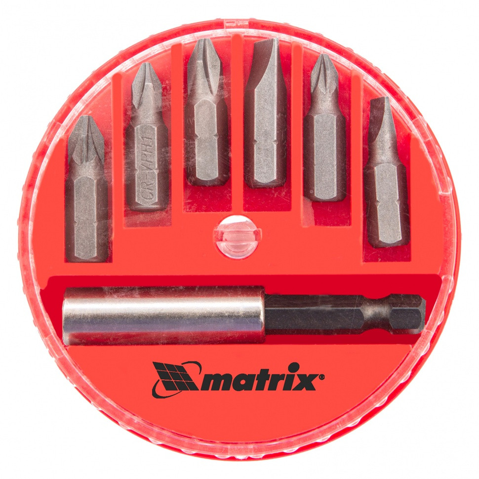 Набор бит, магнитный адаптер для бит, сталь 45Х, 7 предметов, пластиковый кейс Matrix - фото 2 - id-p216669659