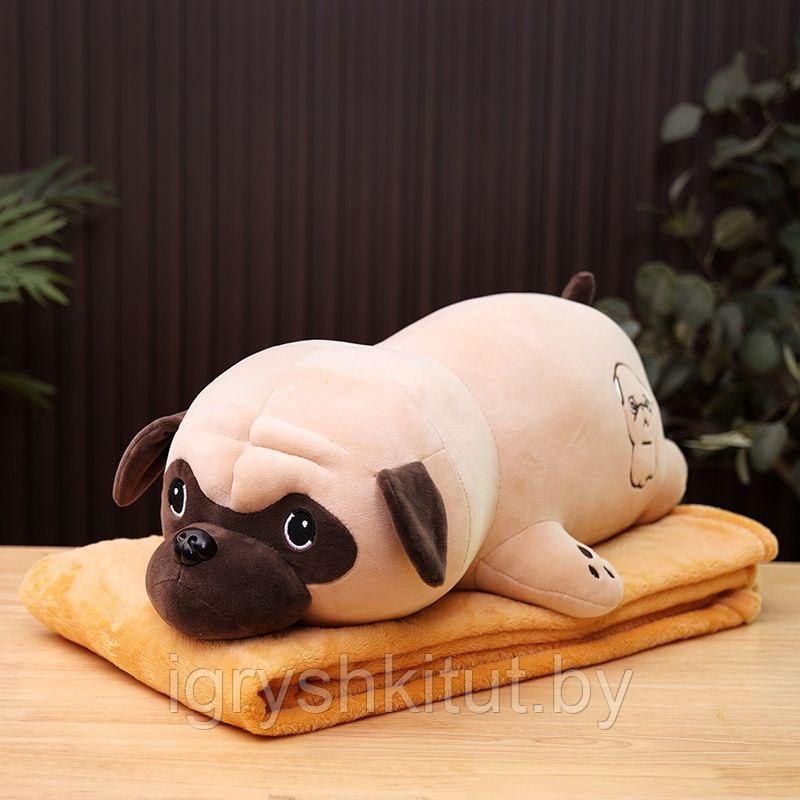 Мягкая игрушка-подушка 3 в 1 собака Мопс с пледом - фото 1 - id-p216686585
