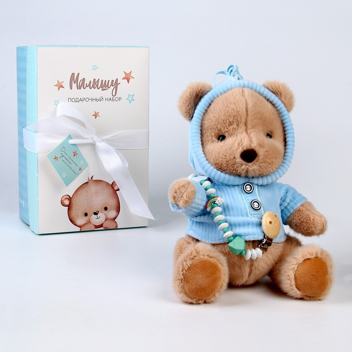 Подарочный набор: мягкая игрушка «Медвежонок» + держатель для пустышки, голубой - фото 3 - id-p201650394