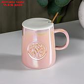Кружка с керамической крышкой и ложкой "Древо" розовая 380мл,  11,5х8,5х10*5