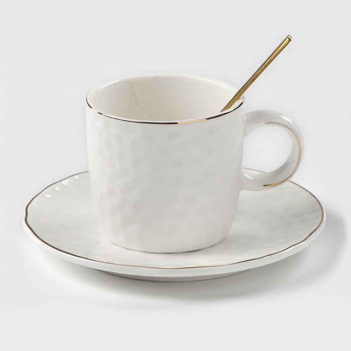 Чайная пара керамическая «Роскошь», 3 предмета: кружка 200 мл, блюдце d=15 см, ложка h=13 см, цвет белый - фото 1 - id-p216689227