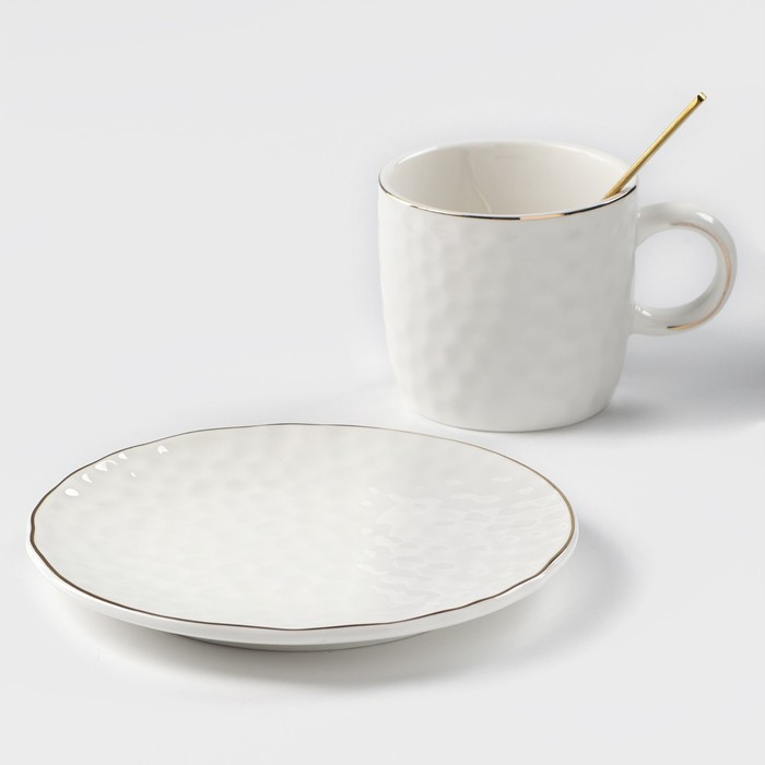 Чайная пара керамическая «Роскошь», 3 предмета: кружка 200 мл, блюдце d=15 см, ложка h=13 см, цвет белый - фото 2 - id-p216689227