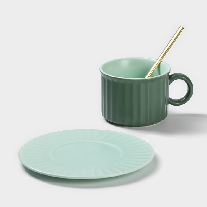 Чайная пара керамическая «Профитроль», 3 предмета: чашка 180 мл, блюдце d=13,7 см, ложка, цвет зелёный - фото 2 - id-p216689230