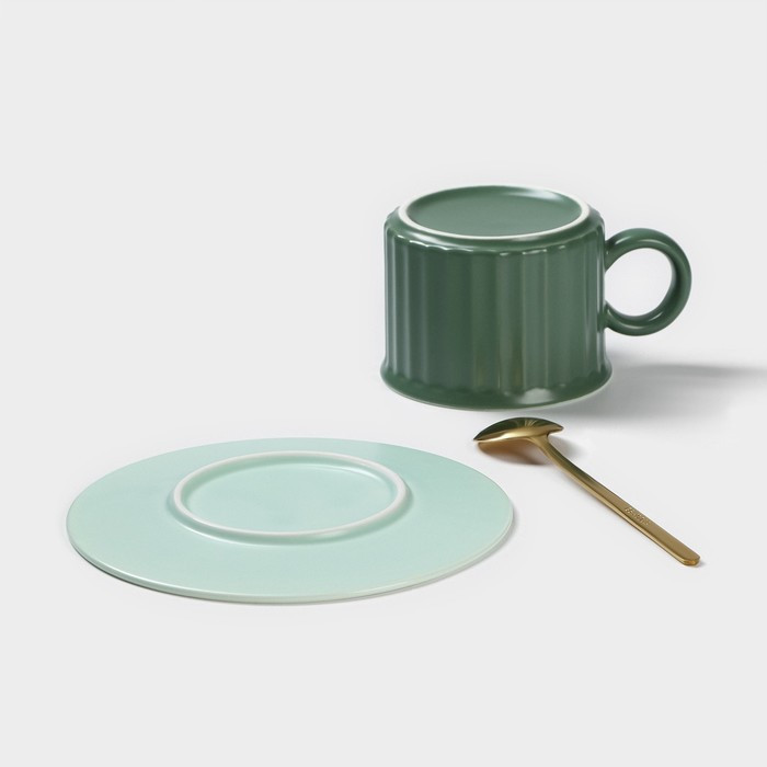 Чайная пара керамическая «Профитроль», 3 предмета: чашка 180 мл, блюдце d=13,7 см, ложка, цвет зелёный - фото 5 - id-p216689230