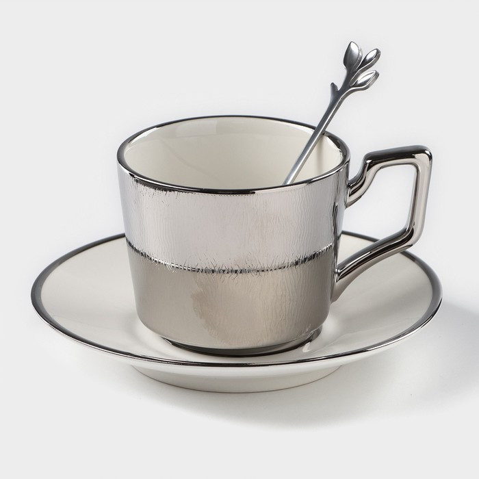 Кофейная пара керамическая «Серебро», 3 предмета: чашка 200 мл, блюдце d=14 см, ложка h=12,5 см, цвет - фото 1 - id-p216689236