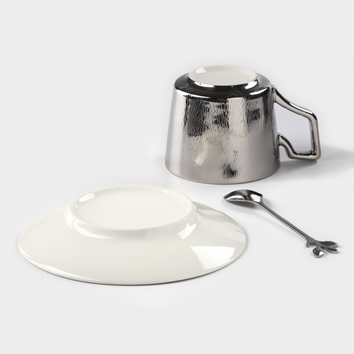 Кофейная пара керамическая «Серебро», 3 предмета: чашка 200 мл, блюдце d=14 см, ложка h=12,5 см, цвет - фото 5 - id-p216689236