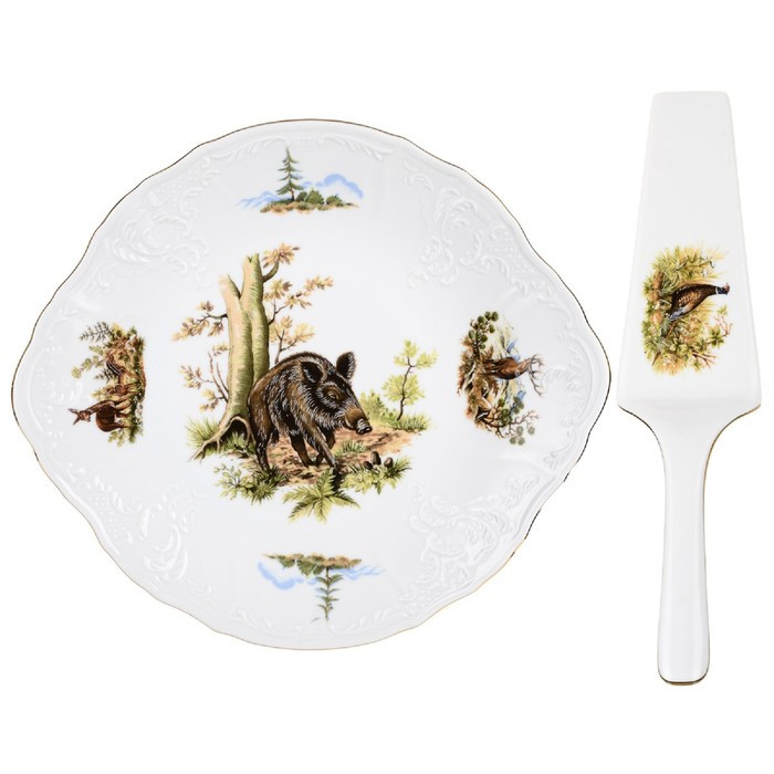 Тарелка для торта с лопаткой Bernadotte, декор «Охотничьи сюжеты», 27 см - фото 1 - id-p216706547