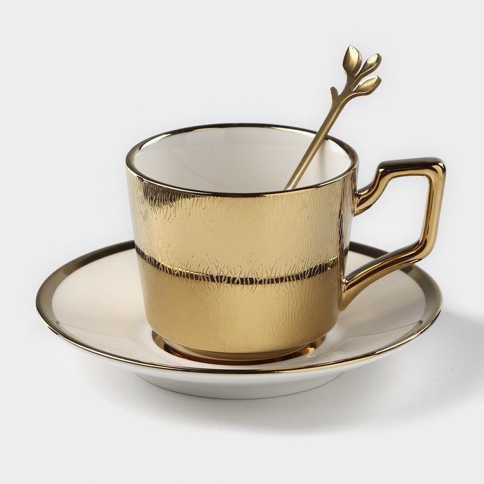 Кофейная пара керамическая «Золото», 3 предмета: чашка 200 мл, блюдце d=14 см, ложка h=12,5 см, цвет золотой - фото 1 - id-p216689237