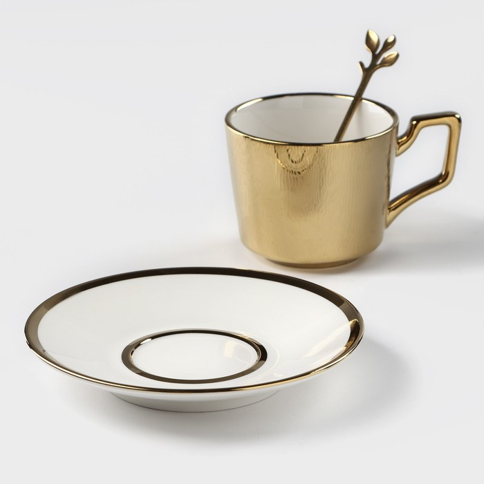 Кофейная пара керамическая «Золото», 3 предмета: чашка 200 мл, блюдце d=14 см, ложка h=12,5 см, цвет золотой - фото 2 - id-p216689237