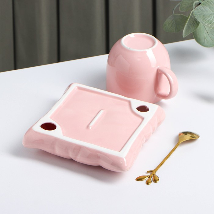 Чайная пара керамическая с ложкой «Зефирка», 2 предмета: чашка 250 мл, блюдце d=13 см, цвет розовый - фото 3 - id-p199590947