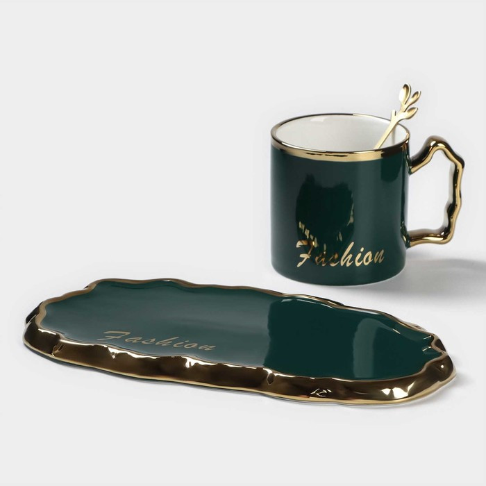 Чайная пара керамическая «Роскошь», 3 предмета: кружка 250 мл, блюдце 23,5×13 см, ложка, цвет зелёный - фото 3 - id-p216689251
