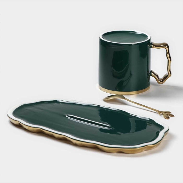 Чайная пара керамическая «Роскошь», 3 предмета: кружка 250 мл, блюдце 23,5×13 см, ложка, цвет зелёный - фото 6 - id-p216689251