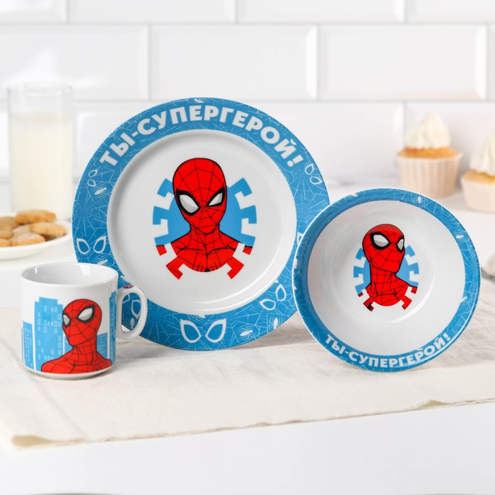 Набор посуды «Ты - супергерой», 3 предмета: тарелка Ø 16,5 см, миска Ø 14 см, кружка 250 мл, Человек-паук - фото 1 - id-p170078385